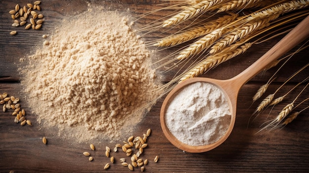 Farinha de trigo com colher e espigas de trigo na placa da cozinha