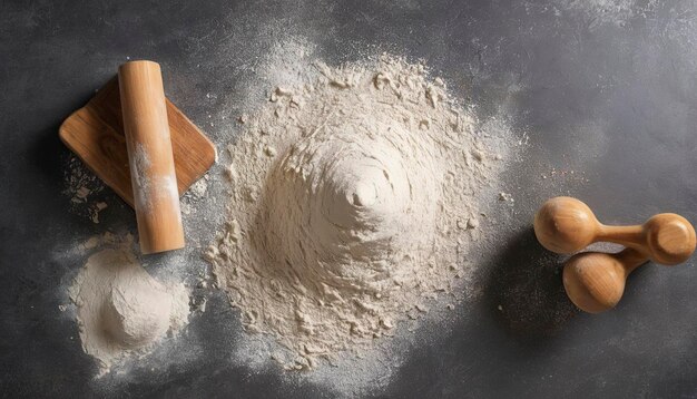 Farinha espalhada e rolo na mesa de pedra da cozinha Vista de cima Cozinhar assar