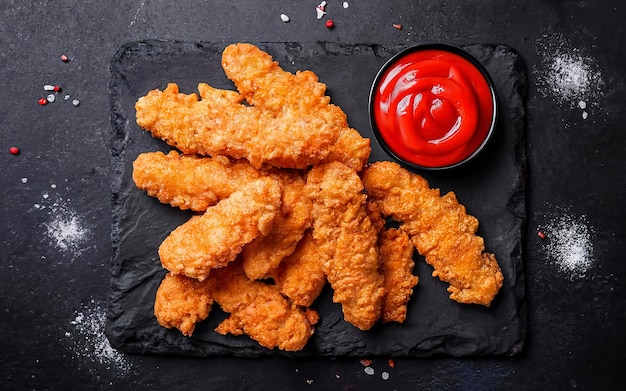 Farinhas de frango em panela dedos com ketchup fundo preto