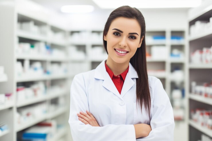 Una farmacéutica en una farmacia al estilo de lilia alvarado blanco oscuro y carmesí claro