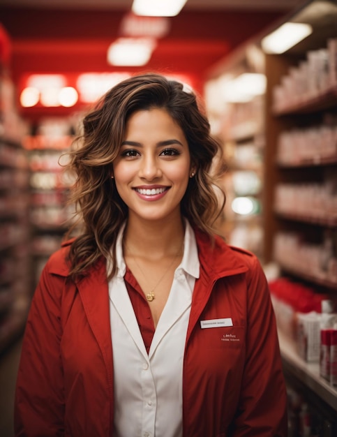 Foto farmacêutica mulher de jaleco vermelho e branco