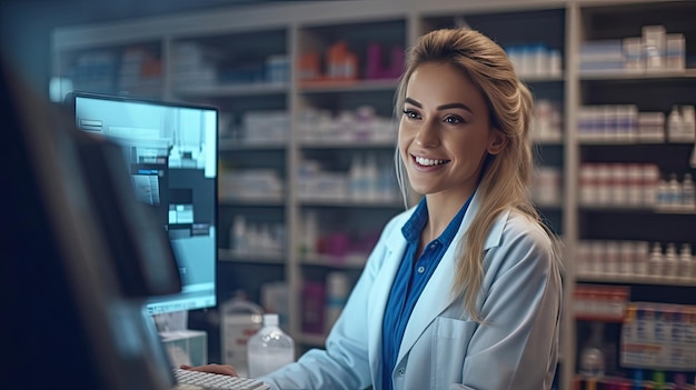 Foto una farmacéutica que trabaja en una farmacia o farmacia farmacéutico usando la computadora en la farmacia generative ai