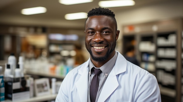 farmacêutico afro-americano com óculos de jaleco branco na farmácia