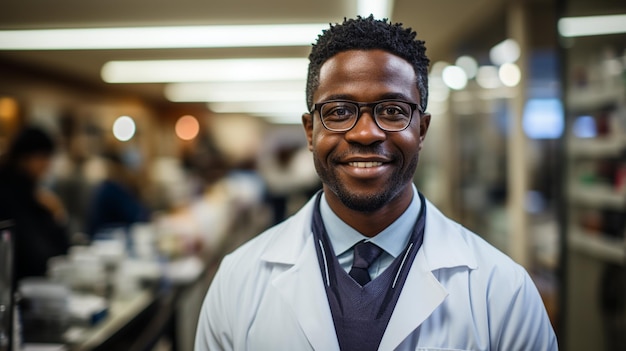 farmacêutico afro-americano com óculos de jaleco branco na farmácia