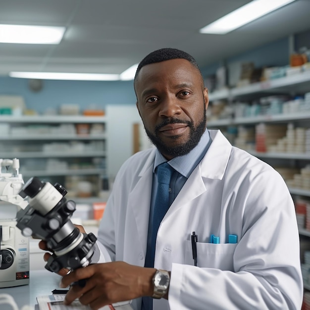 Farmacêutico afro-americano na farmácia