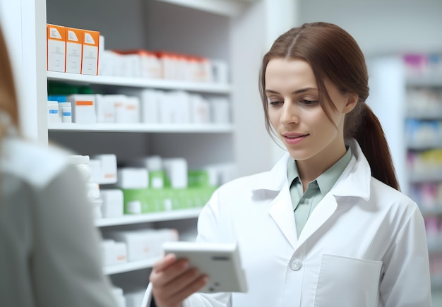 Foto un farmacéutico amistoso en una farmacia.