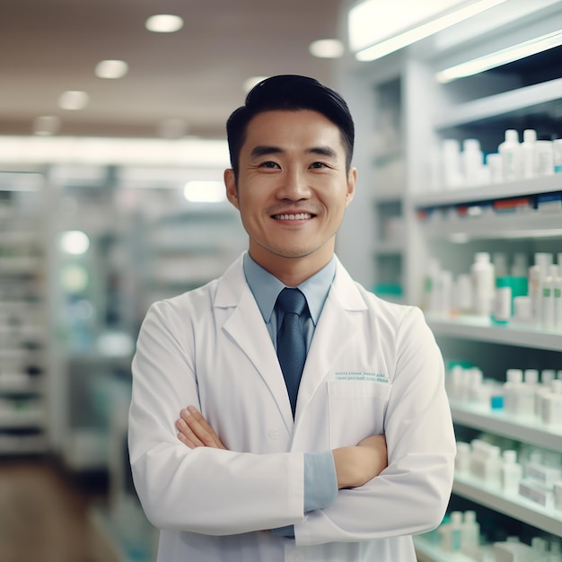Farmacêutico asiático alegre em casaco branco de pé