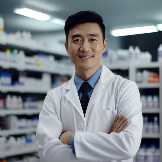 Farmacêutico asiático alegre em casaco branco de pé