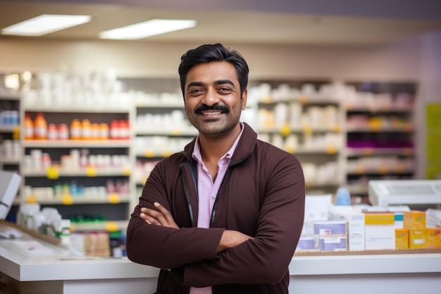 Farmacéutico asiático indio feliz de pie en una farmacia o tienda de medicina con los brazos cruzados