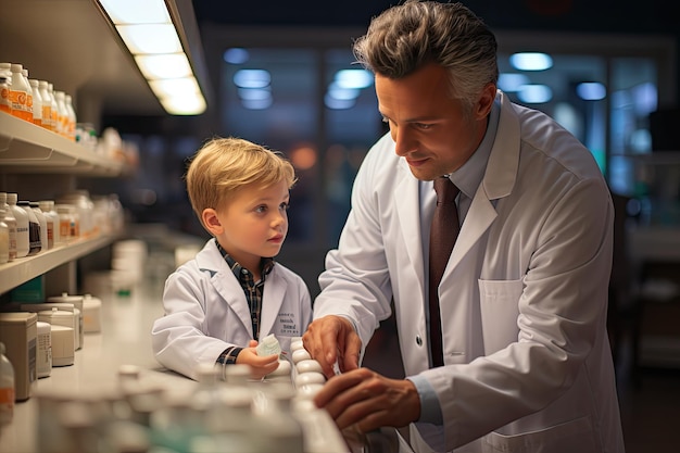 Farmacêutico auxilia o pai a escolher os remédios dos filhos Serena e orientando a cena generativa IA