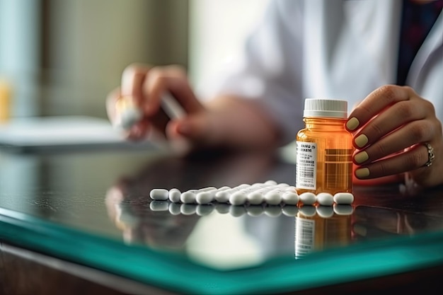 Un farmacéutico está preparando una receta y un medicamento.