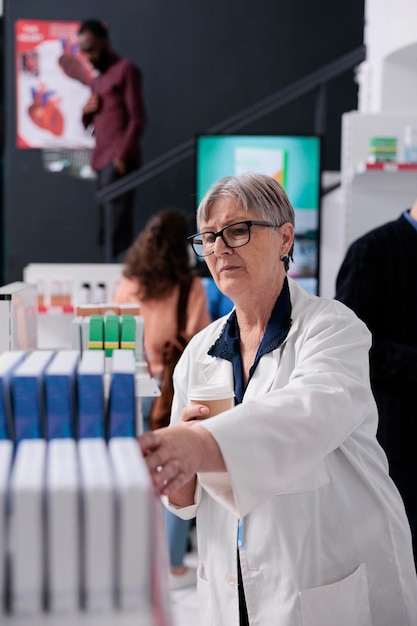 Farmacêutico idoso em jaleco branco olhando para pacotes de pílulas verificando prateleiras de farmácia enquanto ajudava pessoas com tratamento de saúde. Diversos clientes comprando vitaminas, suplementos, serviços de saúde