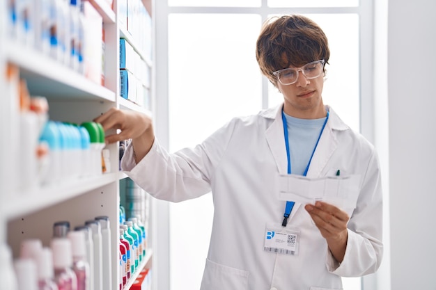 Farmacêutico jovem loiro lendo receita na farmácia