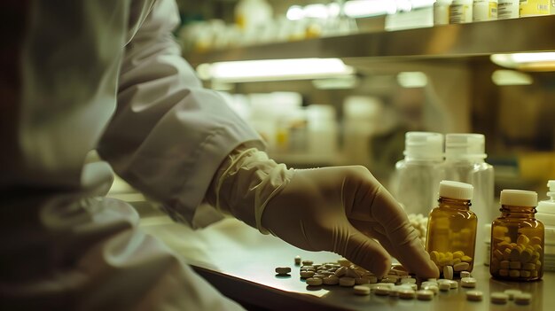 El farmacéutico llenando el frasco de receta con pastillas