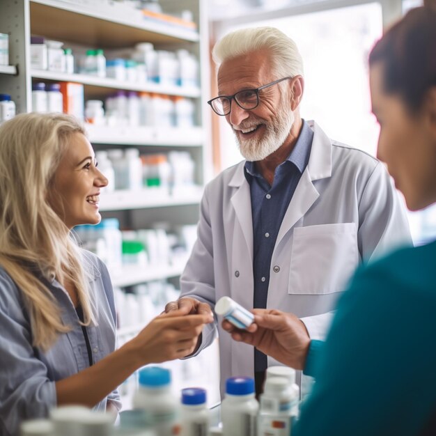 Farmacêutico medicina e ajuda para mulher cliente no balcão para pílulas ajuda e informação