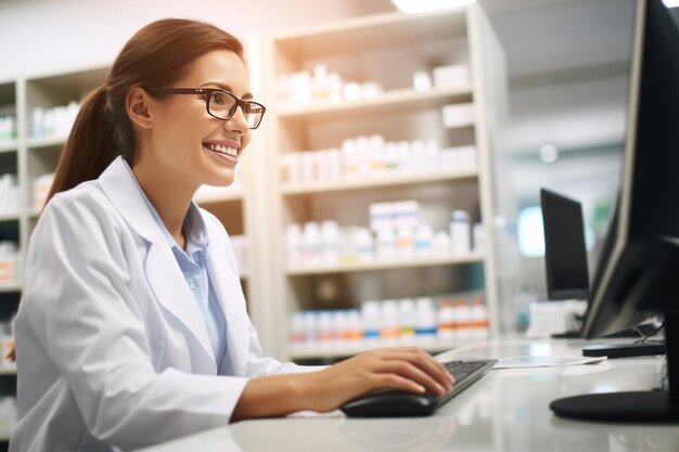 Foto el farmacéutico multitarea haciendo malabarismos con las conversaciones telefónicas y la gestión en línea del inventario de medicamentos