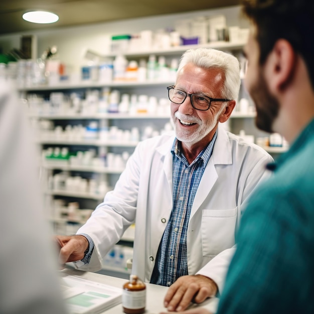 Foto farmacêutico na farmácia