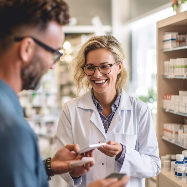 Foto farmacêutico na farmácia