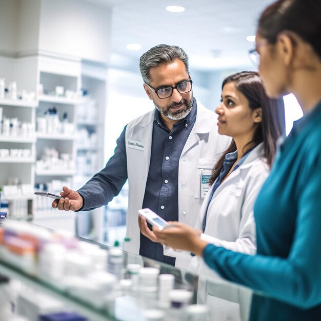 Foto farmacêutico na farmácia