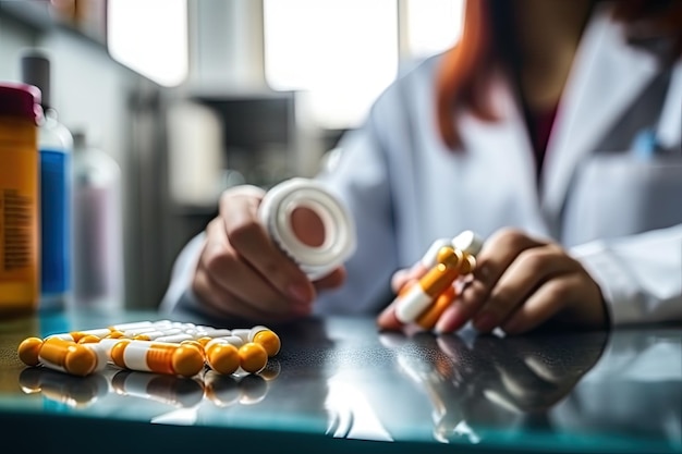 Foto un farmacéutico está preparando una receta y un medicamento.