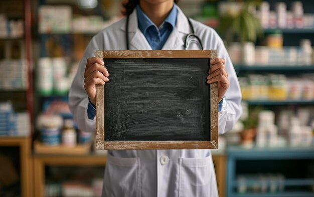 Foto el farmacéutico presenta una pizarra en blanco