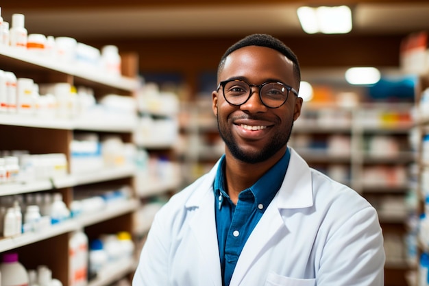 Foto farmacêutico profissional fornecendo conselhos especializados a um jovem cliente afro-americano em uma farmácia