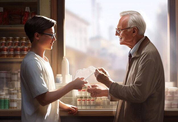 farmacéutico sénior hablando con el paciente en la tienda de farmacia en el estilo de la influencia de precisión