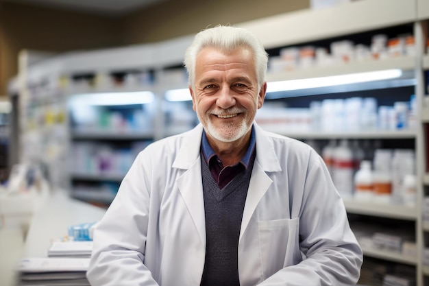 Farmacéutico senior sonriente en farmacia