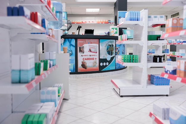 Farmácia de saúde cheia de produtos farmacêuticos e medicamentos em prateleiras, caixas e embalagens com vitaminas. Loja de farmácia vazia cheia de medicamentos, conceito de medicina.