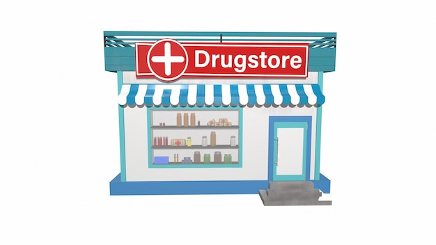 Farmacia de dibujos animados sobre un fondo blanco