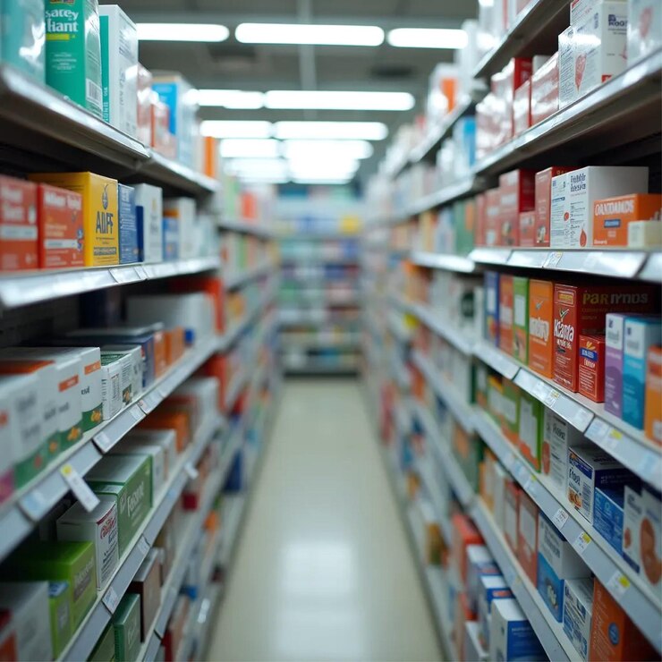 Farmacia moderna con una mirada detallada a las estanterías organizadas abastecidas de medicamentos