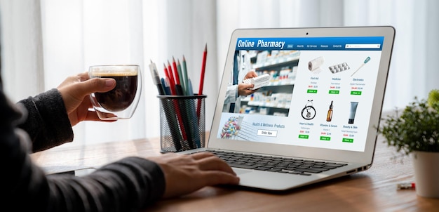 en la farmacia tienda en línea en la pantalla de la computadora compras de productos médicos cómodamente