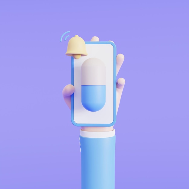 Farmacia de tratamiento de medicamentos y notificación de ilustración 3D de medicamentos en el teléfono recuerda