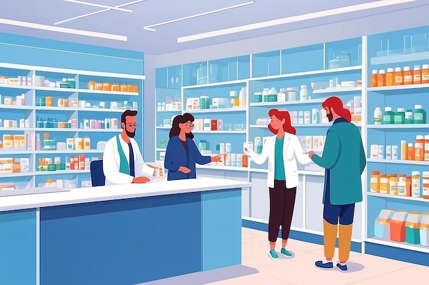 Foto farmacista ayudando a los clientes a elegir los medicamentos en la farmacia gente en el mostrador de la farmacia comprando medicamentos y consultando con el farmacéutico