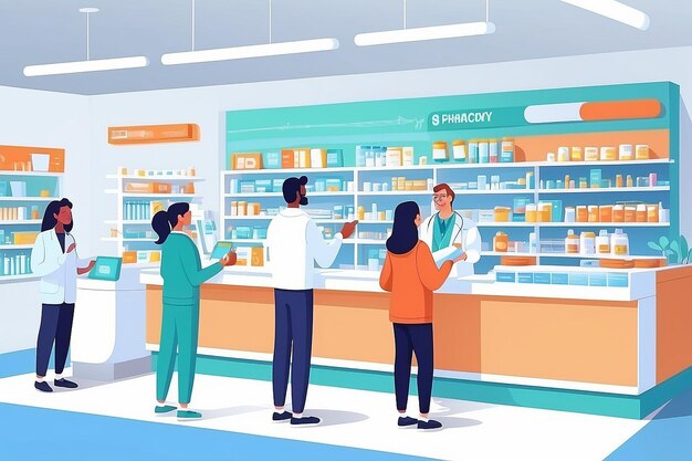 Foto farmacista ayudando a los clientes a elegir los medicamentos en la farmacia gente en el mostrador de la farmacia comprando medicamentos y consultando con el farmacéutico