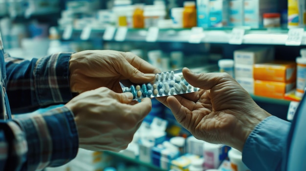 Foto farmacista dispensando medicamentos a un cliente en una farmacia aiga