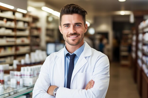 Foto farmacista farmacista de pie en el mostrador de medicamentos