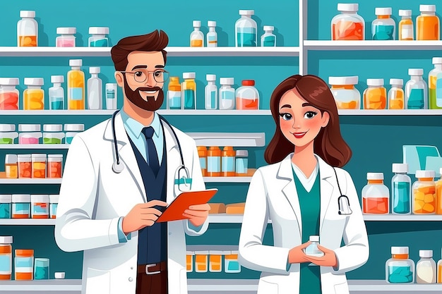 Farmacista hombre en uniforme y mujer médica sosteniendo pastillas o medicamentos Cartel de farmacia o farmacia