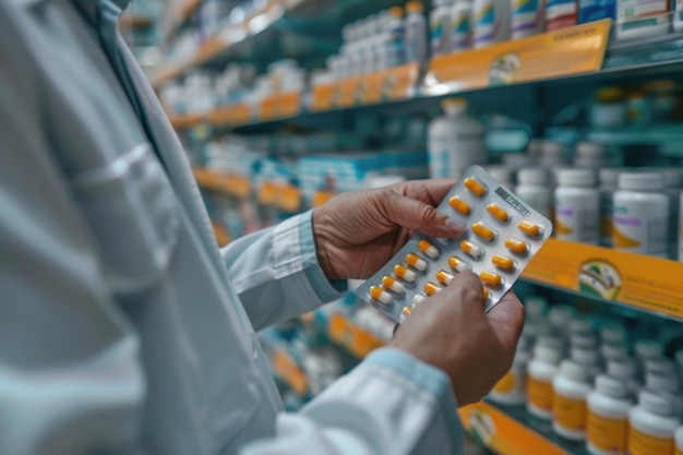 Farmacista con un paquete de cápsulas de medicamentos en la farmacia