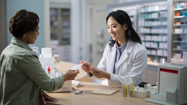 Farmacista que sirve a un cliente en una farmacia