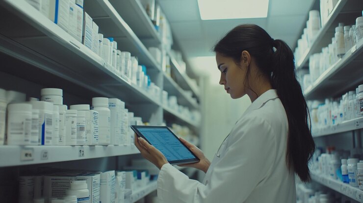 Farmacista revisando recetas en una farmacia durante el día