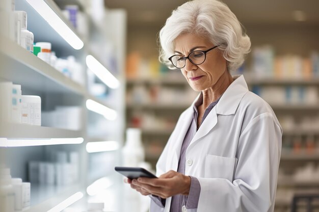 Farmacista senior sonriente usando una tableta digital en una farmacia moderna