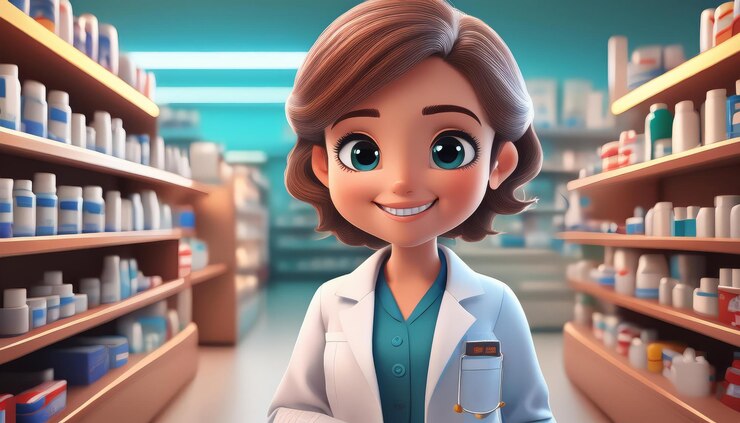 Foto farmacista sorridente em 3d está no meio de um corredor de farmácia