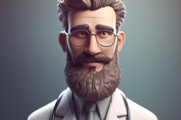 Farmacología y concepto de medicina Retrato de un médico adulto serio, profesional masculino con bata blanca y gafas Ilustración volumétrica de la IA generativa