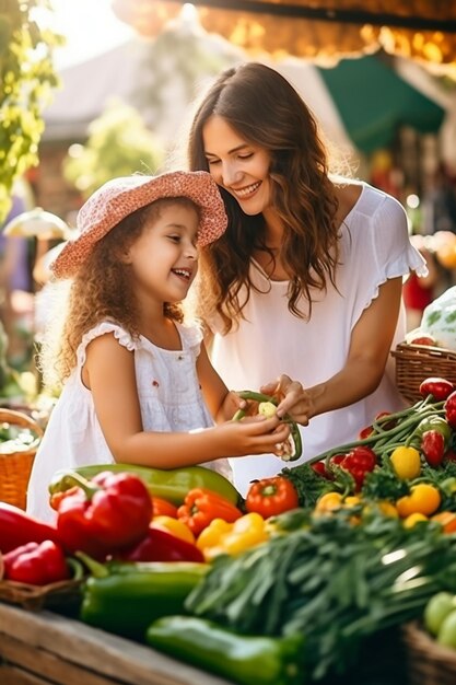 Foto farmfresh bond mãe e filha selecionando frutas e legumes no dia nacional da saúde infantil