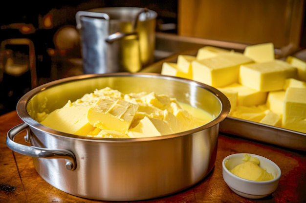 Farmfresh-Genuss Nahaufnahme des Butterherstellungsprozesses, der den Wandel von der Zutat zum cremigen Genuss auf weißem Hintergrund hervorhebt
