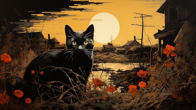 Foto farmhaus katze ukiyoe inspirierte schwarze katze