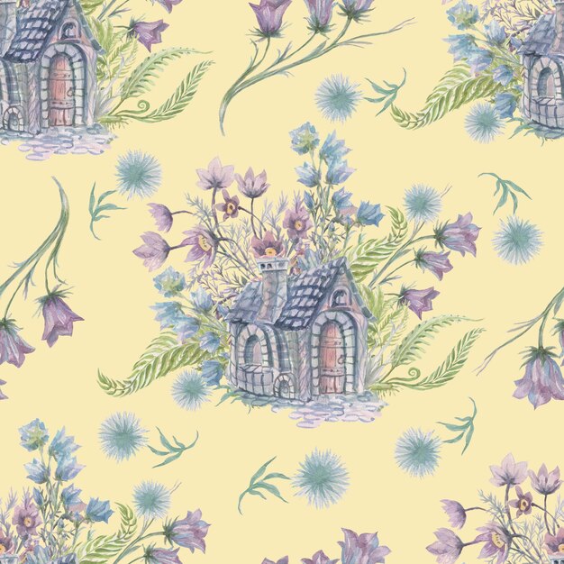 Farnwaldkräuter Aquarellhaus und Blumen handgezeichnete Illustration clipart