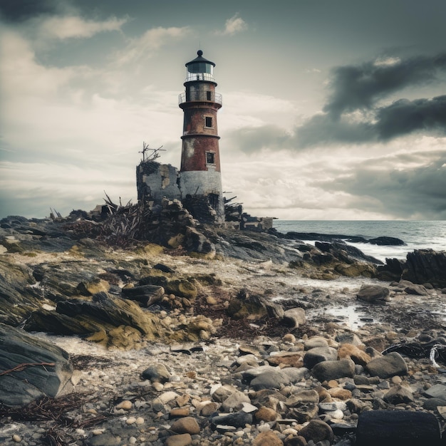 Faro abandonado en una costa rocosa