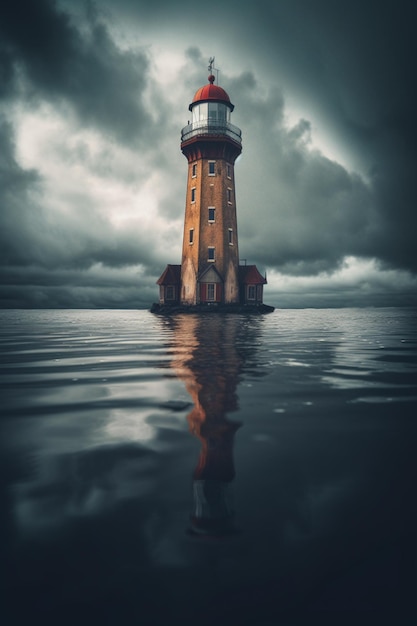 Un faro en el agua con un cielo nublado al fondo.